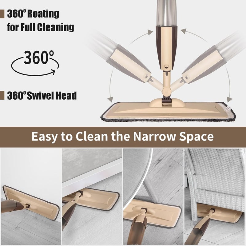 Panda Grip Mops for Floor Cleaning, 50 inch Spray Mop with 400ml Refillable Bottle and 2 Replacement Pads Dry Wet FloorCleaning Household or Commercial Use for Hardwood Laminate Tile Ceramic (Brown) - Image 3